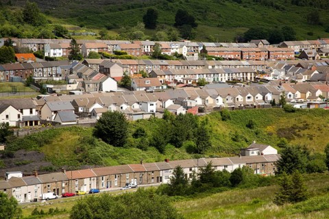 Linear pattern of terraced houses in Cwmparc, Treorchy, Rhonnda valley, South Wales, UK