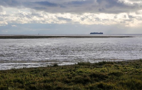 North Weir Point tip end of Orford Ness shingle spit, River Ore, Shingle Street, Suffolk, England,