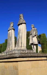 Columbus, King Ferdando and Queen Isabel statues in garden of Alcazar, Cordoba, Spain, Alcazar de
