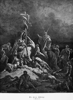 Moses' brazen serpent. Fourth Book of Moses, chapter 21, desert, cross, sick, dying, forgiveness,