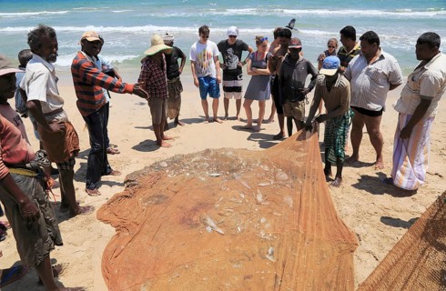 Traditional fishing hauling nets Nilavelli beach, near Trincomalee, Eastern province, Sri Lanka,