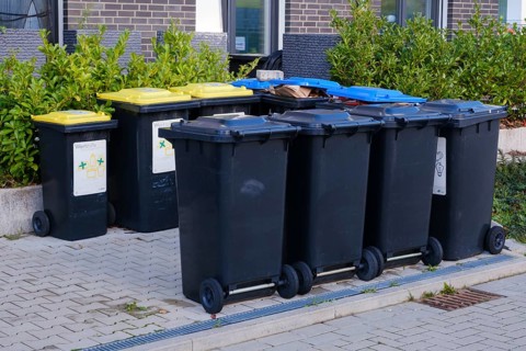 Waste bins for recyclables, paper and residual waste in front of a house, Dortmund, Ruhr area,