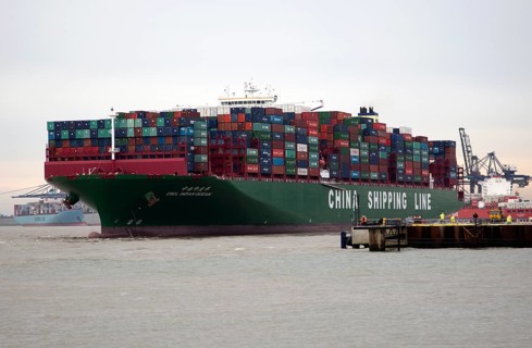 Large container ship, the Indian Ocean, of China Shipping Line, Port of Felixstowe, Suffolk,