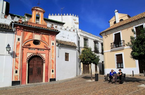 Attractive historic doorway and buildings in old inner city, Cordoba, Spain, Europe