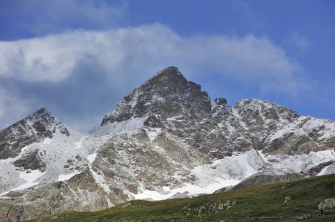 View over mountains along the mountain pass Passo di Gavia in the Italian Alps, Lombardy, Italy,