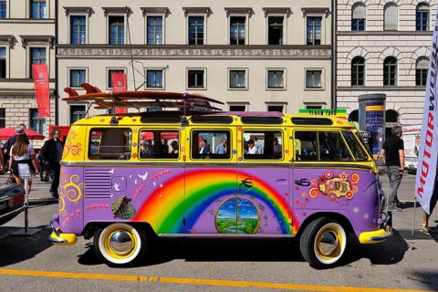 VW Transporter T1, side view, with surfboards and painting from the hippie era, Munich, Bavaria,
