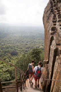 Metal staircase descending from rock palace fortress, Sigiriya, Central Province, Sri Lanka, Asia
