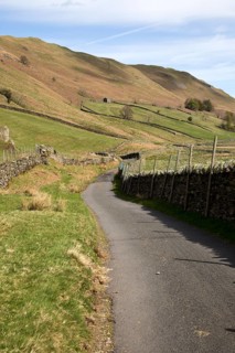 Narrow road and dry stonewall, Boredale valley, Martindale, Lake District national park, Cumbria,