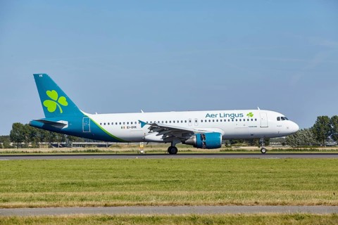 Aer Lingus Airbus A320-214 with registration EI-DVK lands on the Polderbaan, Amsterdam Schiphol