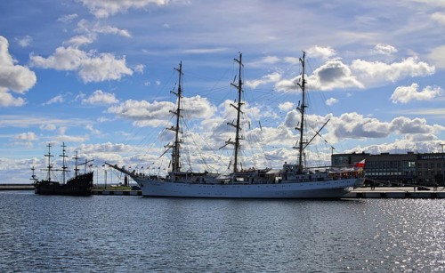 Sailing ship Dar Mlodziezy moored in the port of Gdynia, Gdynia Poland