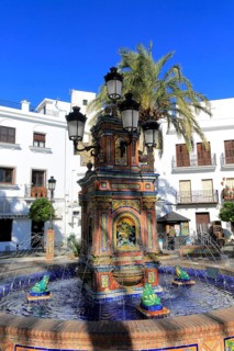 Fountain in Plaza de Espana, Vejer de la Frontera, Cadiz Province, Spain, Europe
