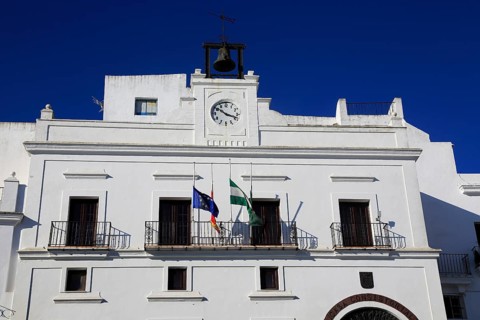 Ayuntamiento town hall in traditional whitewashed buildings in Vejer de la Frontera, Cadiz