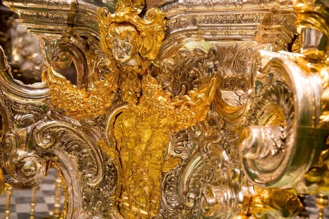 Close up of elaborately metalwork in gold inside the Catholic cathedral, former great mosque,