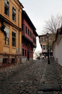 Historic buildings with overhanging upper storeys in historic old town area of Plovdiv, Bulgaria,