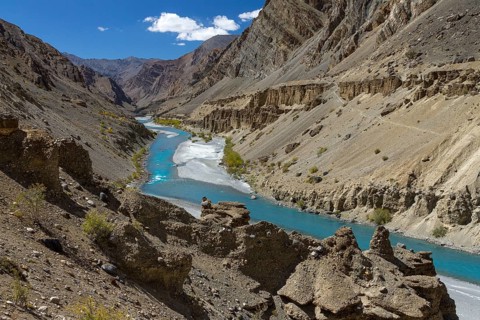 Tsarab River, cutting across the Zanskar Range of the Himalayas in Ladakh, with barren mountains