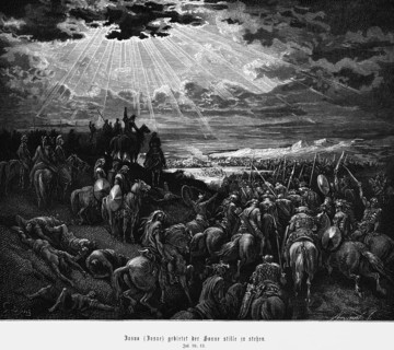 Joshua commands the sun to stand still, Book of Joshua, chapter 10, armies, warriors, horsemen,