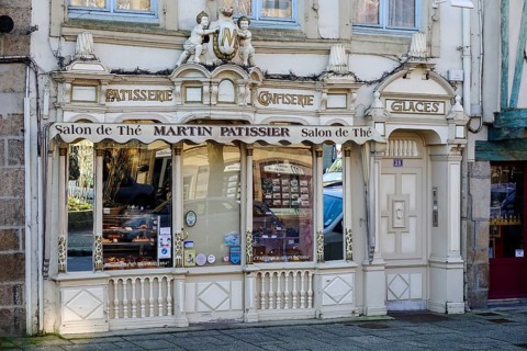 Place des Otages, shop window of an old patisserie confectionery, Morlaix Montroulez, Finistere