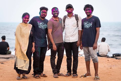 Group of young people with colour on their faces, Holi Festival, Indian spring festival,