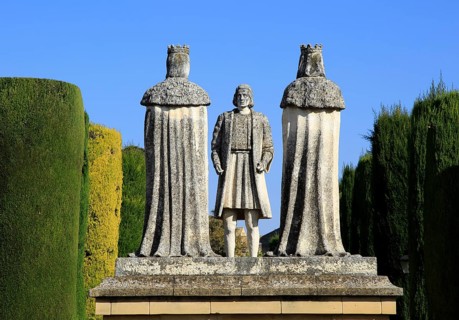 Columbus, King Ferdando and Queen Isabel statues in garden of Alcazar, Cordoba, Spain, Alcazar de