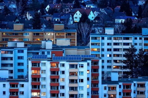 View of tower blocks and apartment blocks in the Neukoelln district of Berlin. The rise in rents in