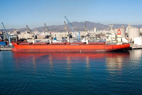 Cargo ship bulk carrier in the port of Malaga, Spain, Europe