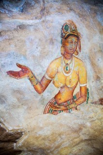 Rock painting frescoes of maidens in the palace fortress, Sigiriya, Central Province, Sri Lanka,