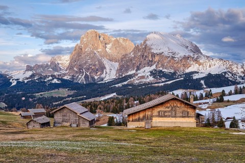 Alpine huts in front of Plattkofel and Langkofel, Seiser Alm, spring, crocus meadow, Dolomites,