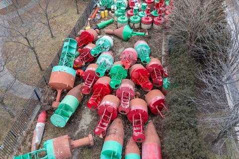 Detroit, Michigan, Navigational buoys stored at the U.S. Coast Guard station. The buoys mark the