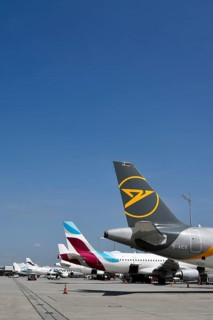 Overview Condor, Eurowings, Iberia, Finnair, KLM and Air Lingus aircraft at handling position at