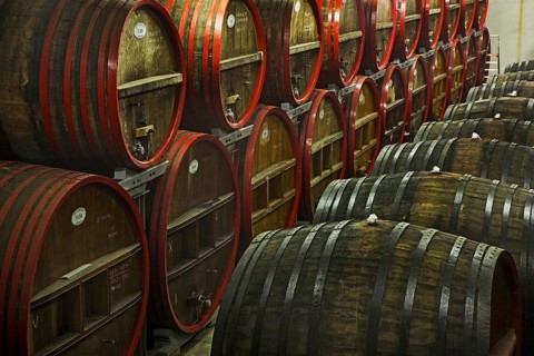 Oak barrels at Brouwerij Boon, Belgian brewery at Lembeek near Brussels, producer of geuze and