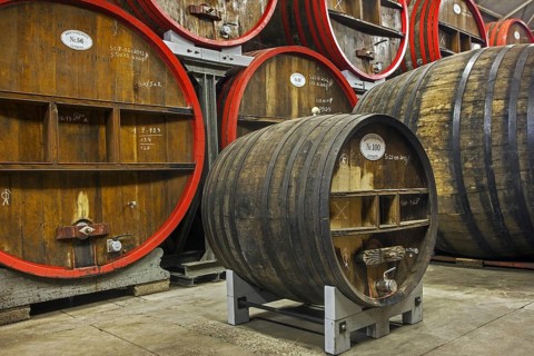 Oak barrels at Brouwerij Boon, Belgian brewery at Lembeek near Brussels, producer of geuze and