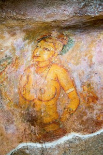 Rock painting frescoes of maidens in the palace fortress, Sigiriya, Central Province, Sri Lanka,