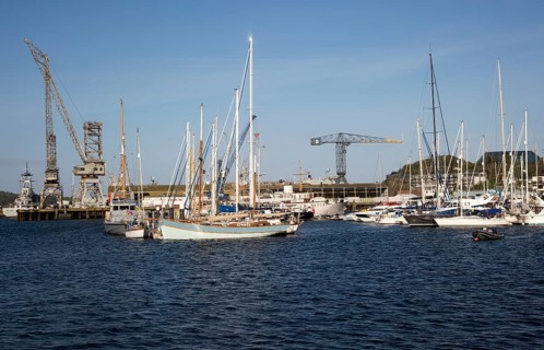 Yachts at moorings in the port, Falmouth, Cornwall, England, UK
