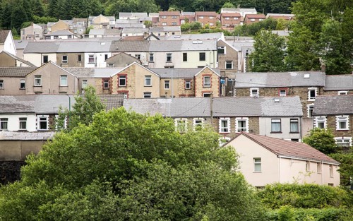 Terraced housing on hillside, Abertillerry, Blaenau Gwent, South Wales, UK