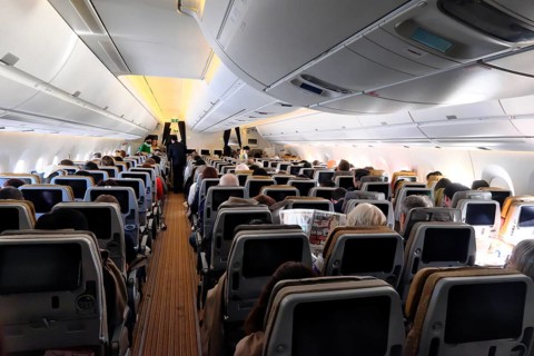 Interior view left Economy Class Airbus A 350 900 Singapore Airline, Munich Franz Josef Strauss