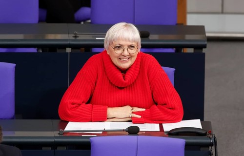 Claudia Roth, Minister of State for Culture and the Media laughs during a speech in the German
