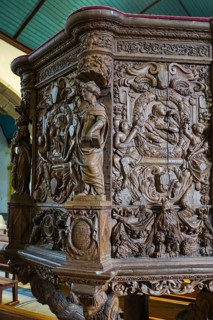 Carvings on the pulpit, Enclos Paroissial enclosed parish of Guimiliau, Finistere Penn ar Bed
