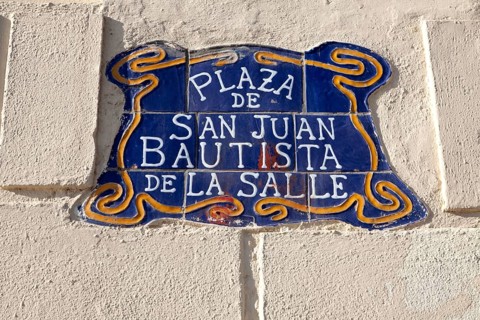 Close up of ceramic tiles sign Plaza de San Juan Bautista de la Salle, Melilla autonomous city
