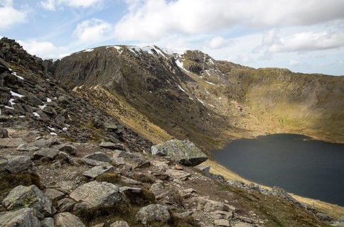 Striding Edge arete Helvellyn mountain peak and Red Tarn corrie lake, Lake District, Cumbria,