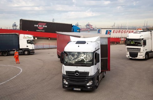 Heavy goods freight vehicles disembarkation from Stena Lines ferry, Hook of Holland, Netherlands