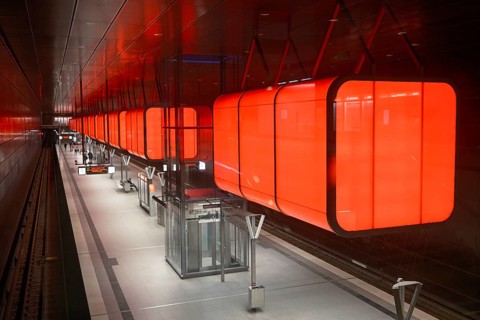 Hafencity University underground station, coloured light containers, Hanseatic City of Hamburg,