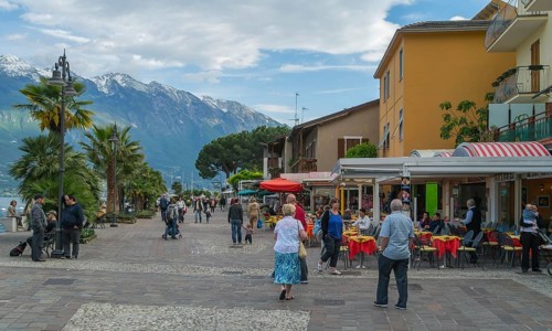 Lakeside promenade in Limone sul Garda, Lake Garda, Garda Mountains, Province of Brescia, Lombardy,