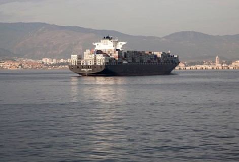 Container ship at moorings off Gibraltar, Port of Algeciras, Spain, Europe