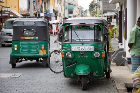 Motorised rickshaw tu-tuk vehicles street of historic town of Galle, Sri Lanka, Asia