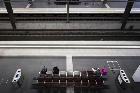 A few people wait on the platform at Berlin Central Station. Today is the second day of the strike