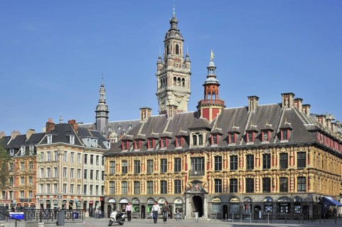 Bell tower of Chamber of Commerce and La Vieille Bourse at the Place du General de Gaulle, Lille,