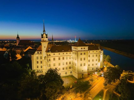 Hartenfels Castle from above, at dusk, Torgau, Saxony, Germany, Europe