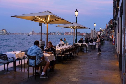 Restaurant on the waterfront of the Guidecca Canal, Dorsoduro district, Venice, Veneto, Italy,