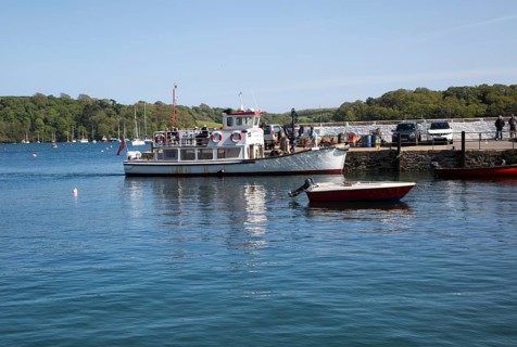 Tamar Belle ferry boat and dinghies in the harbour, St Mawes, Cornwall, England, UK