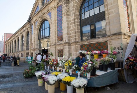 Florist flower stall outside historic market building, Jerez de la Frontera, Spain, Europe